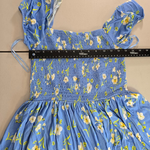 French Connection Dress Women's 6 Blue Yellow Floral Mini Cap Short Sleeve NWT - Picture 10 of 16